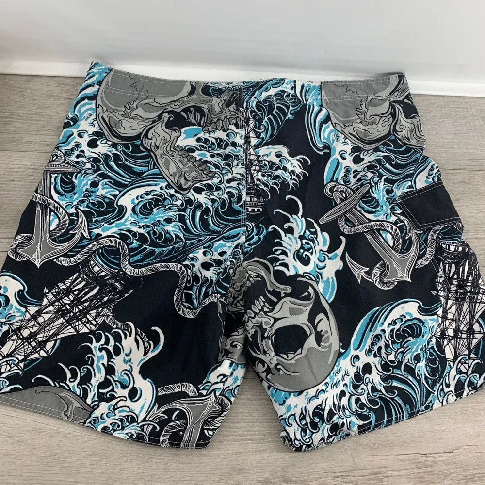 Joe Boxer Mens Skull Anchor Wave Print Board Shorts Black Blue Size 44